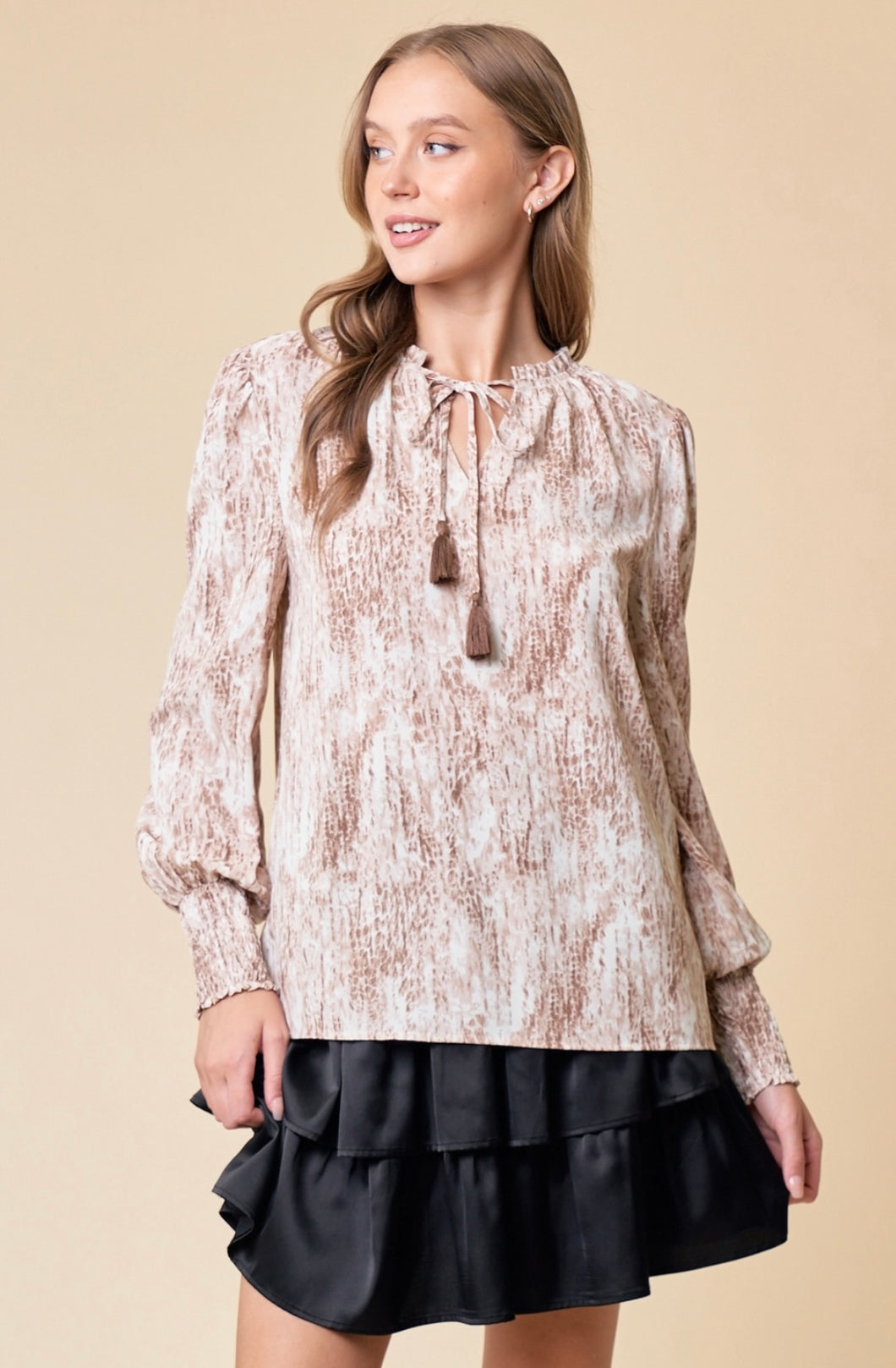 TIE-NECK SMOCKED CUFF BLOUSE
