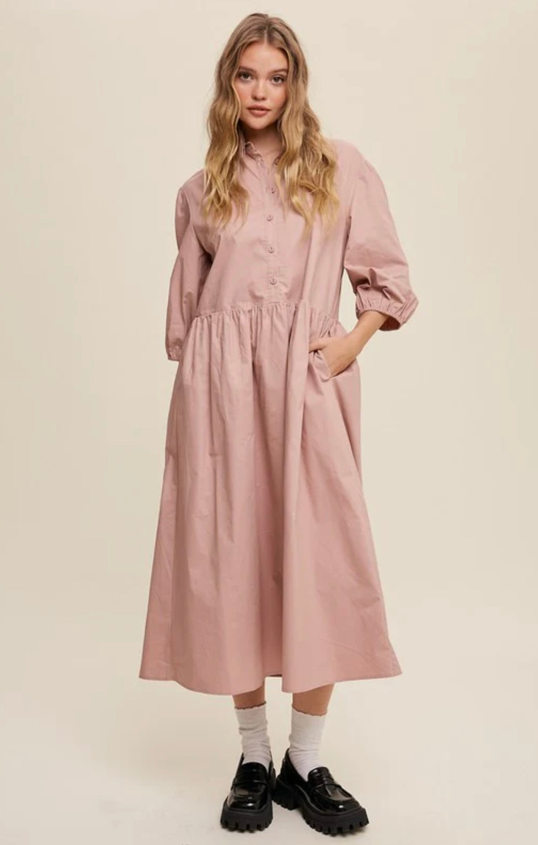 Button front puff sleeve babydoll maxi dress