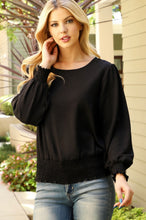 Load image into Gallery viewer, SMOCKED HEM LONG SLEEVE SOLID WOVEN TOP
