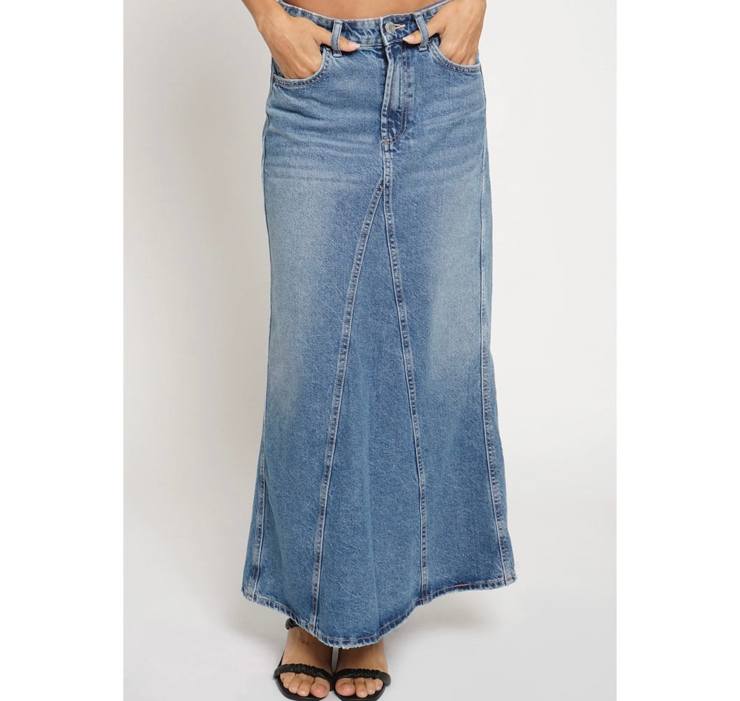 FIT FLARE DENIM MAXI SKIRT